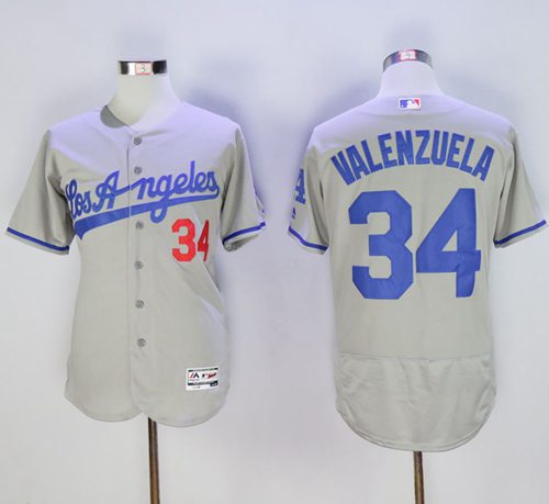 Dodgers #34 Fernando Valenzuela Grey Flexbase Authentic Collection Road Stitched MLB Jersey - Click Image to Close